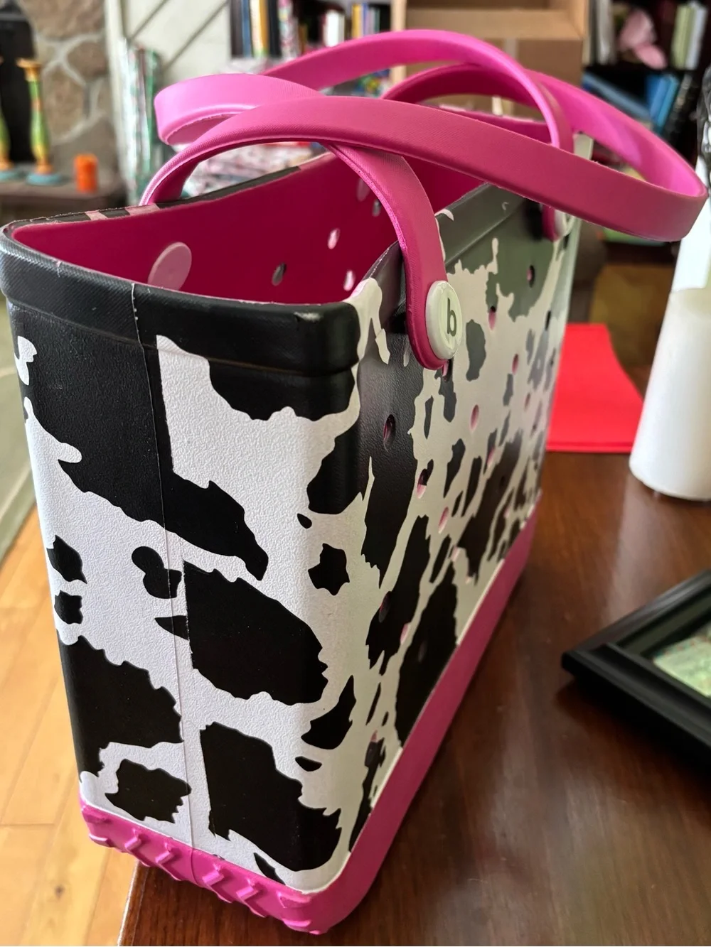 Pink and Black Cowhide Print “B” Tote Bag-Size Medium